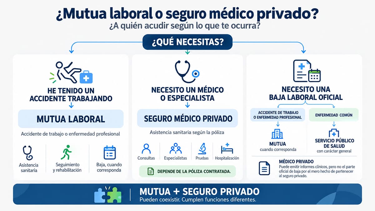 Mutua laboral y seguro médico privado: diferencias y qué cubre cada uno